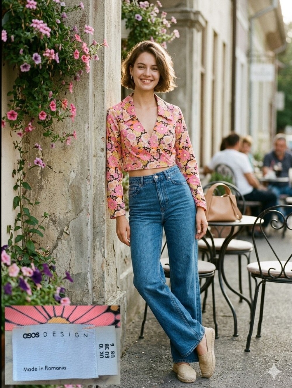 ASOS DESIGN 60s Retro Floral Pink Twill Wrap Crop Top - Size US 6